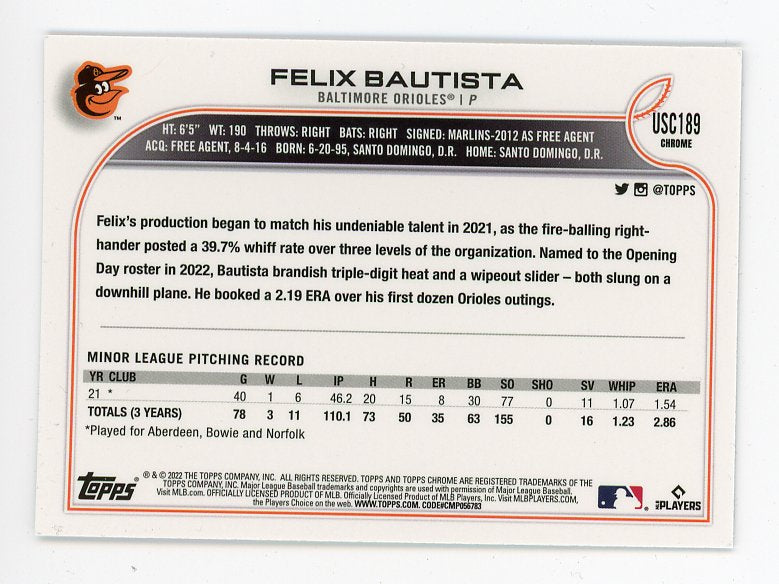 2022 Felix Bautista Rookie Topps Chrome Baltimore Orioles # USC189