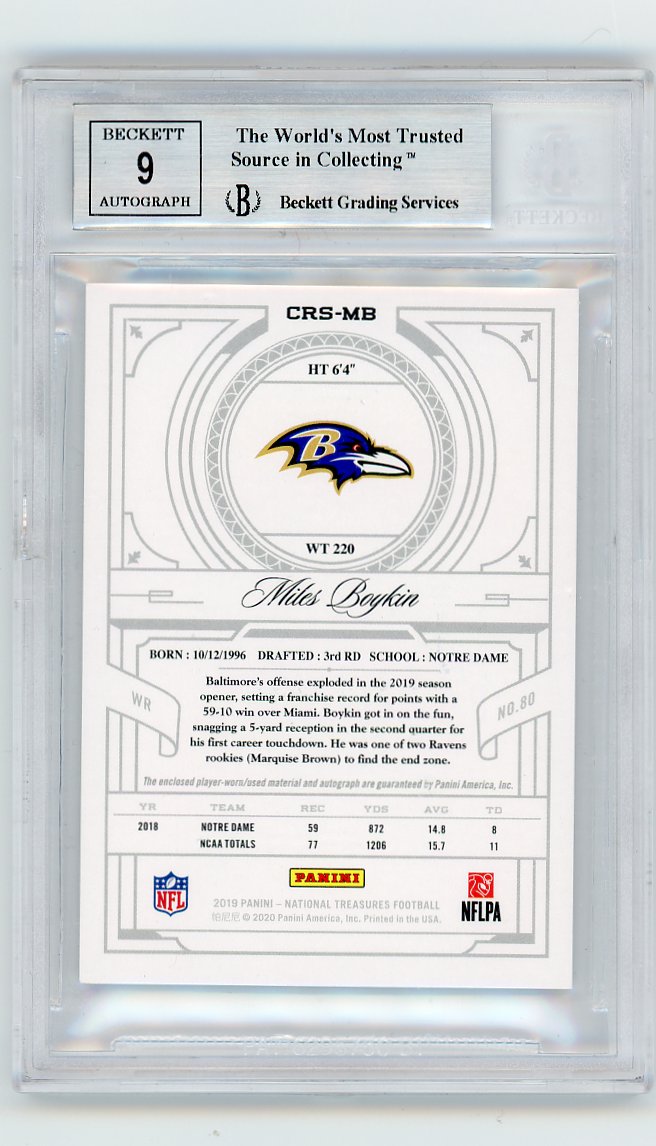 2019 Miles Boykin Rookie Patch Auto #D /99 National Treasures Baltimore Ravens # CRS-MB