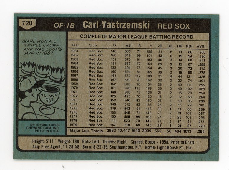 1980 Carl Yastrzemski All-Star Topps Boston Red Sox # 720