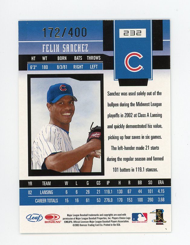 2003 Felix Sanchez New Generation Auto #D /400 Leaf Chicago Cubs # 232