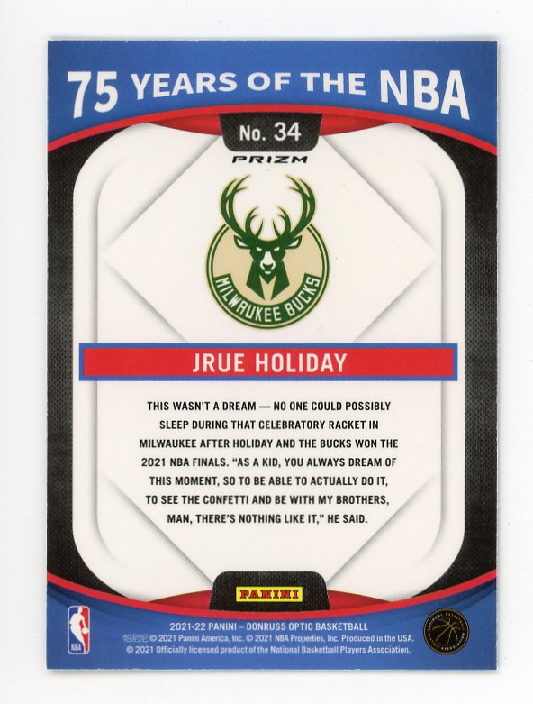 2021-2022 Jrue Holiday Refractor 75 Years Of The NBA Donruss Optic Milwaukee Bucks # 34