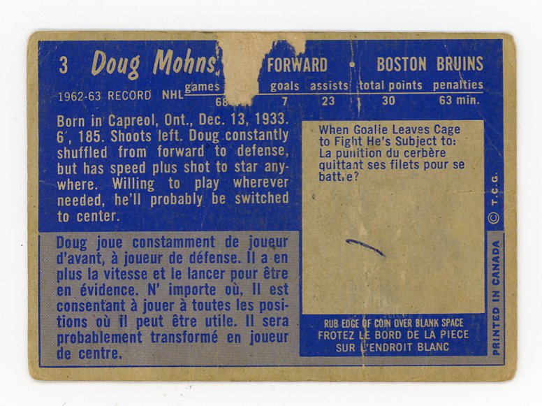 1963-1964 Doug Mohns Topps Boston Bruins # 3