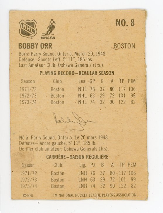 1974 Bobby Orr Lipton Soup Cut Out Boston Bruins # 8