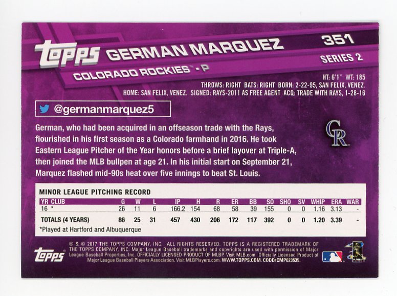2017 German Marquez Rookie Topps Colorado Rockies # 351