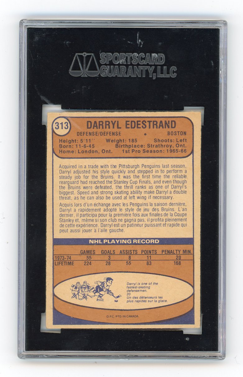 1974-1975 Darryl Edestrand SGC 5.5 O-Pee-Chee Boston Bruins # 313