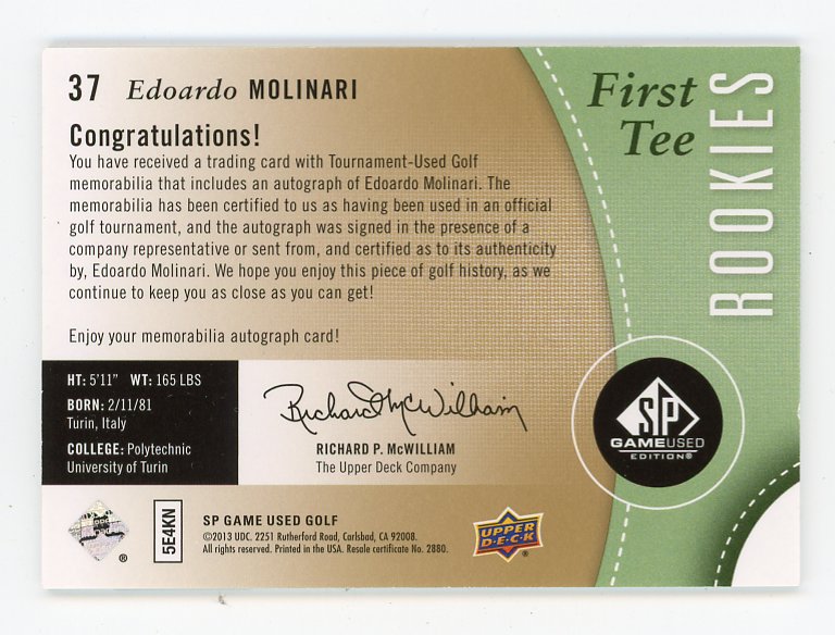 2013 Edoardo Molinari First Tee Rookies Auto Patch #D /399 SP Game Used # 37