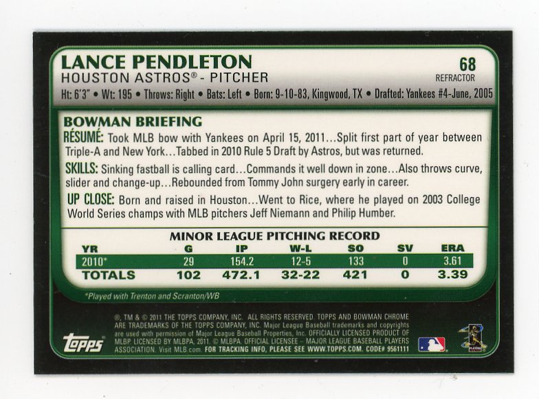 2011 Lance Pendleton Rookie Refractor Bowmans Chrome Houston Astros # 68