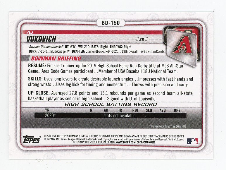 2020 AJ Vukovich Prospect 1ST Edition Bowman Arizona Diamondbacks # BD-150