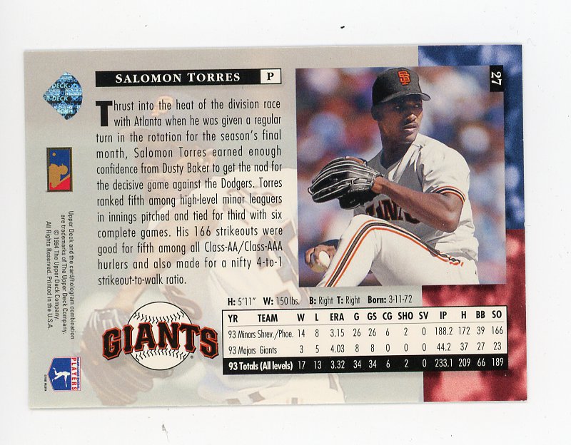 1994 Salomon Torres Star Rookies Upper Deck San Francisco Giants # 27