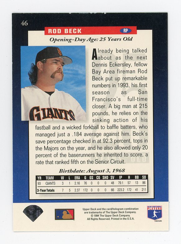 1994 Rod Beck The Future Is Now Upper Deck San Francisco Giants # 46