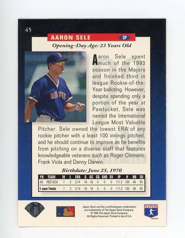 1994 Aaron Sele The Future Is Now Upper Deck Boston Red Sox # 45