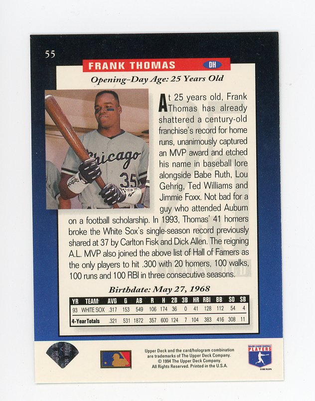 1994 Frank Thomas The Future Is Now Upper Deck Chicago White Sox # 55