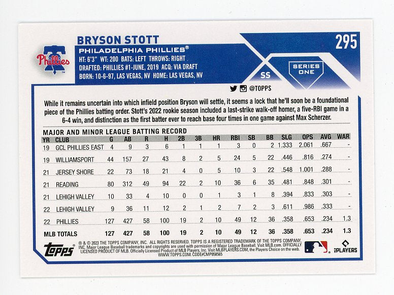 2023 Bryson Stott Rookie Topps Philadelphia Phillies # 295