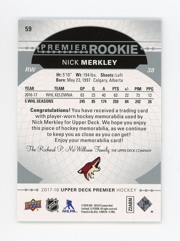 2017-2018 Nick Merkley Jersey Premier Rookie Upper Deck Arizona Coyotes # 59