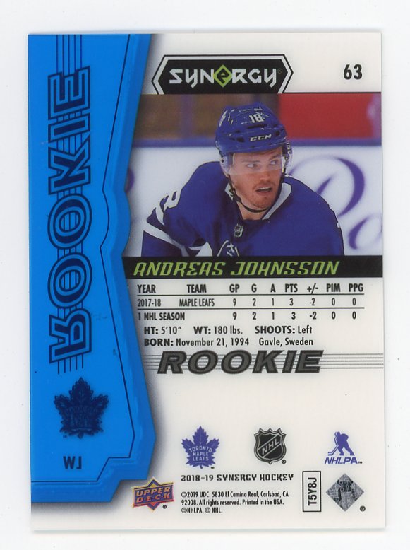 2018-2019 Andreas Johnsson Rookie #D /799 Synergy Toronto Maple Leafs # 63