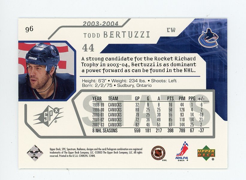 2003-2004 Todd Bertuzzi SPX Vancouver Canucks # 96