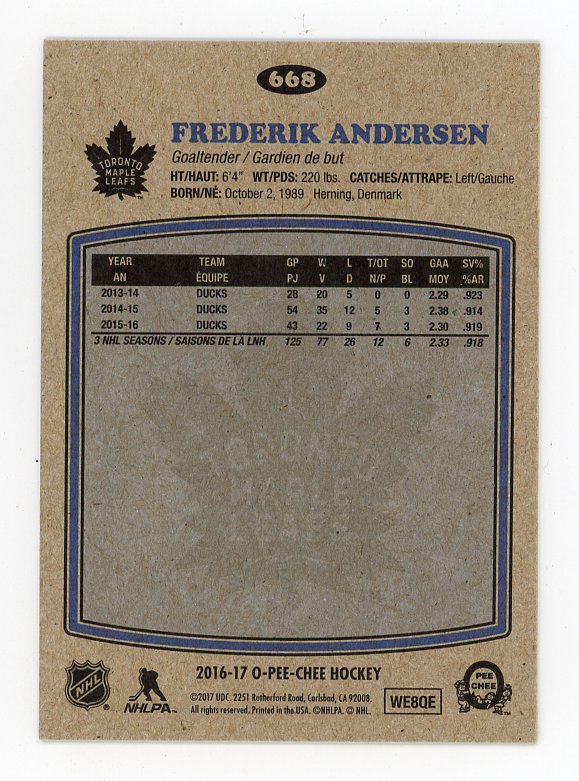 2016-2017 Frederik Andersen Retro Upper Deck Toronto Maple Leafs # 668