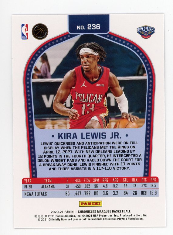2020-2021 Kira Lewis JR Pink Marquee Rookie Panini New Orleans Pelicans # 236