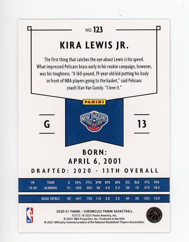 2020-2021 Kira Lewis JR Rookie Chronicles New Orleans Pelicans # 123