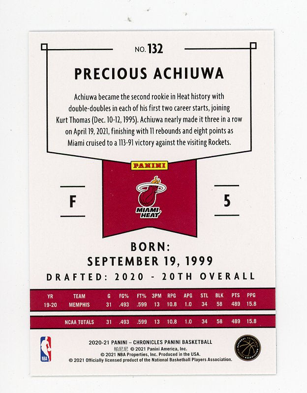 2020-2021 Precious Achiuwa Rookie Chronicles Miami Heat # 132