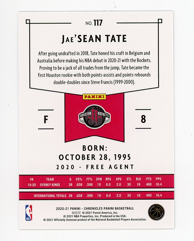 2020-2021 Jae'sean Tate Rookie Chronicles Houston Rockets # 117
