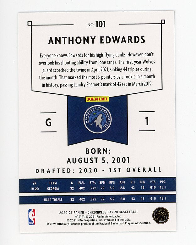 2020-2021 Anthony Edwards Rookie Chronicles Minnesota Timberwolves # 101