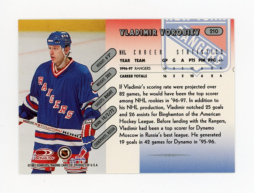 1997-1998 Vladimir Vorobiev Rookie Donruss New York Rangers # 210