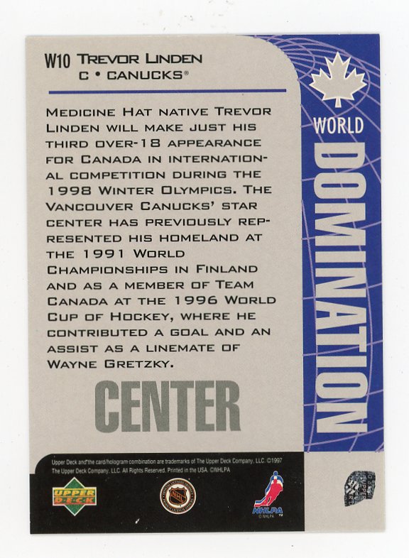 1997 Trevor Linden World Domination Upper Deck Vancouver Canucks # W10