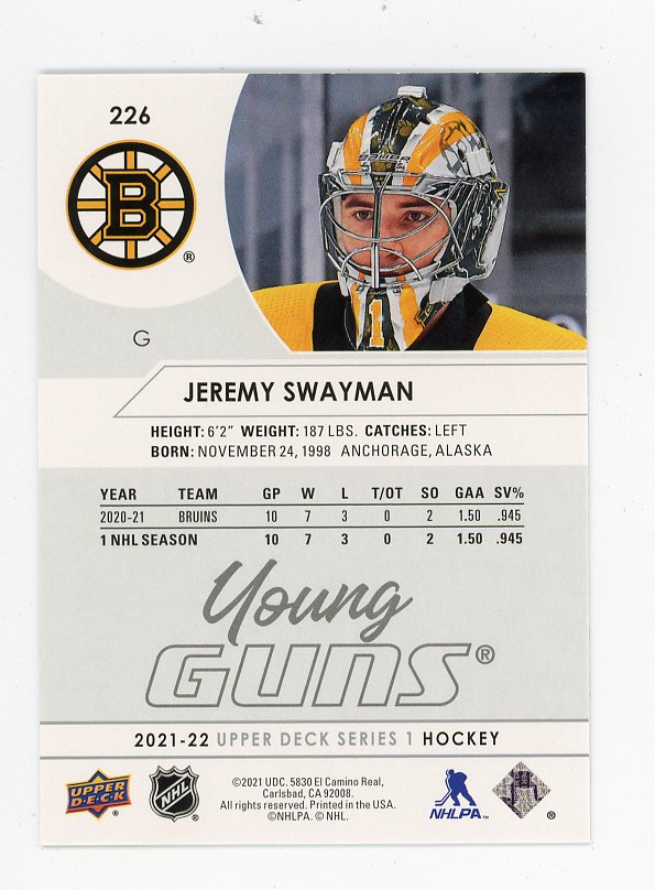 2021-2022 Jeremy Swayman Young Guns Upper Deck Boston Bruins # 226