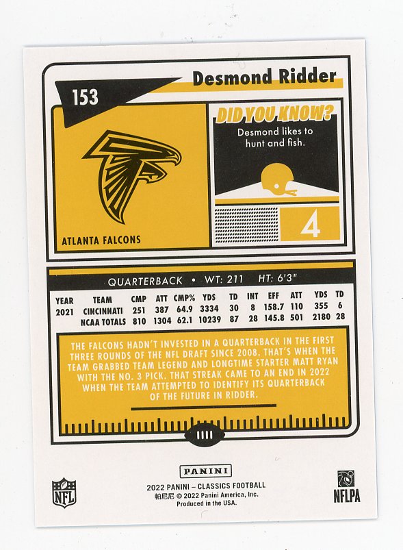 2022 Desmond Ridder Rookie #D /125 Classics Atlanta Falcons # 153