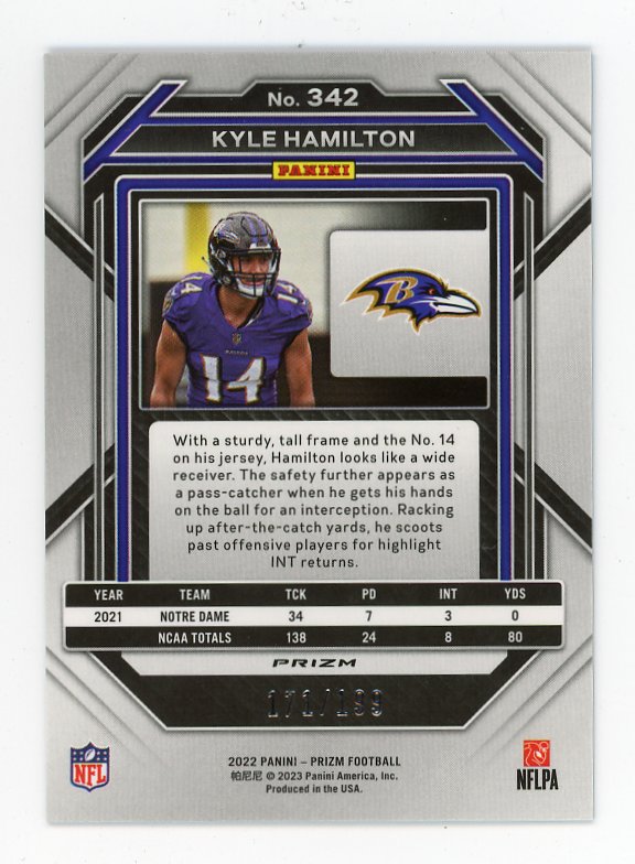2022 Kyle Hamilton Rookie Blue Wave #D /199 Prizm Panini Baltimore Ravens # 342