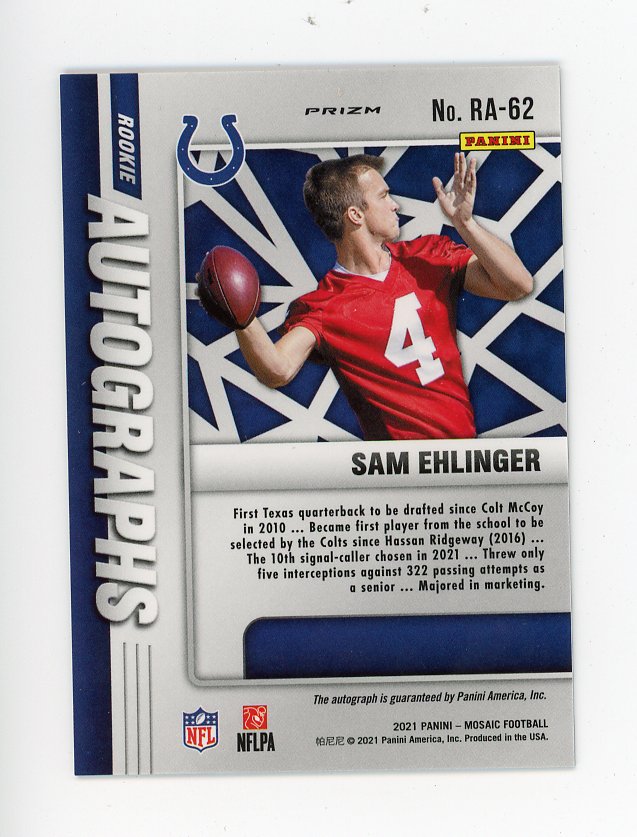 2021 Sam Ehlinger Rookie Autographs Prizm Panini Indianapolis Colts # RA-62