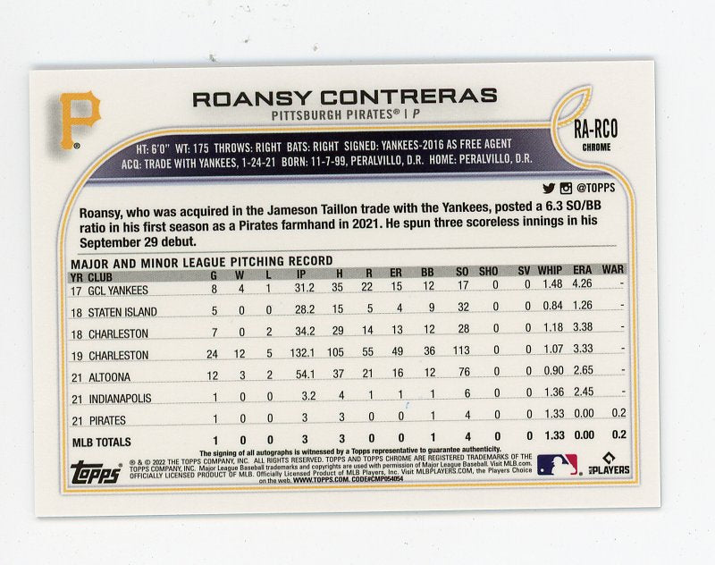 2022 Roansy Contreras Rookie Auto Topps Chrome Pittsburgh Pirates # RA-RCO