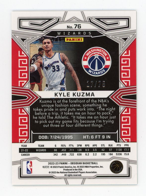 2022-2023 Kyle Kuzma Electric Etch #D /75 Obsidian Washington Wizards # 76