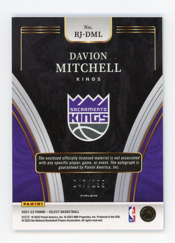 2021-2022 Davion Mitchell Rookie Auto #D /199 Select Sacramento Kings # RJ-DML