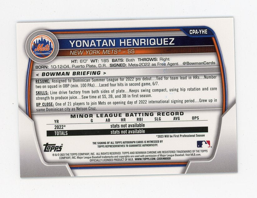 2023 Yonatan Henriquez 1ST Bowman Auto Bowman Chrome New York Mets # CPA-YHE
