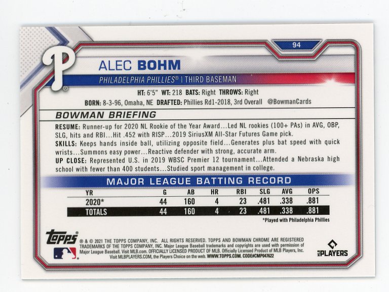 2021 Alec Bohm Rookie Refractor Image Variation Bowman Chrome Philadelphia Phillies # 94