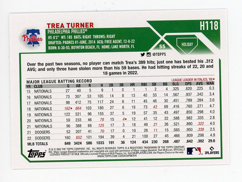 2023 Trea Turner Topps Holiday Philadelphia Phillies # H118