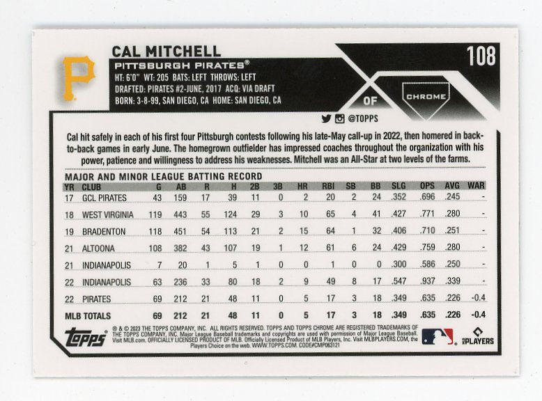 2023 Cal Mitchell Rookie X Fractor Topps Chrome Pittsburgh Pirates # 108