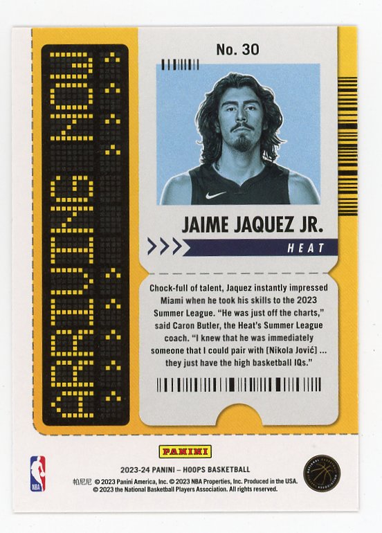2023-2024 Jaime Jaquez JR Arriving Now NBA Hoops Miami Heat # 30