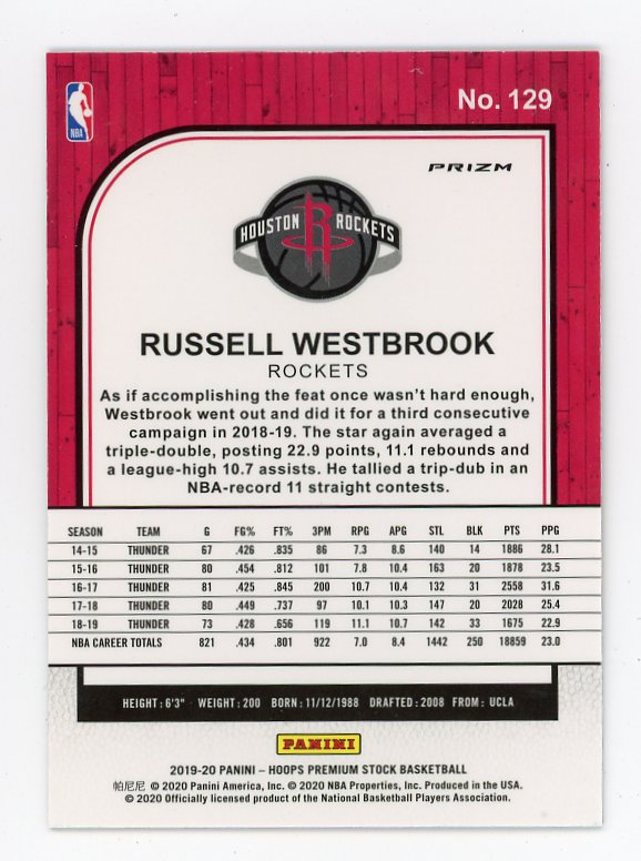 2019-2020 Russell Westbrook Red Pulsar Premium Stock Houston Rockets # 129