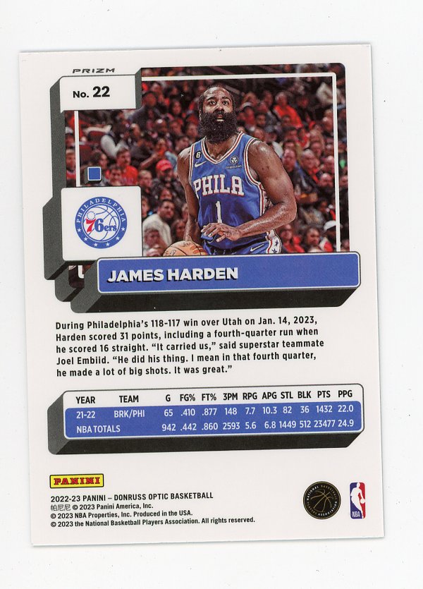 2022-2023 James Harden Silver Donruss Optic Philadelphia 76ers # 22