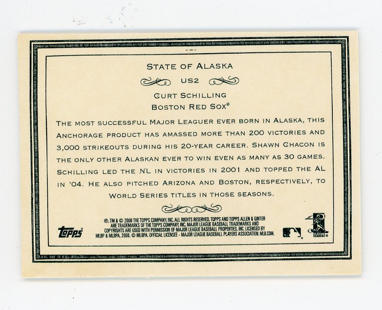 2008 Curt Schilling State Of Alaska Allen & Ginter Boston Red Sox # US2