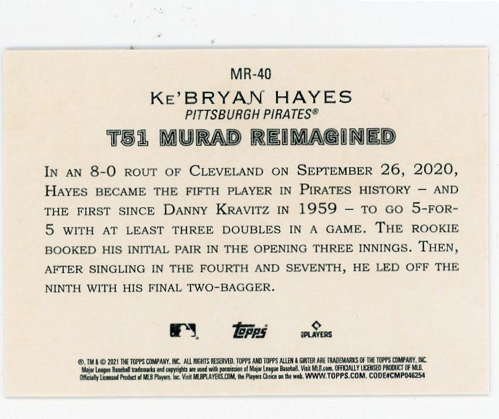 2021 Ke'bryan Hayes Rookie Murad Reimagined Allen & Ginter Pittsburgh Pirates # MR-40