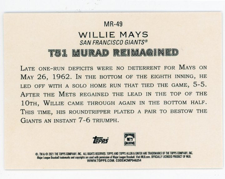 2021 Willie Mays Murad Reimagined Allen & Ginter San Francisco Giants # MR-49