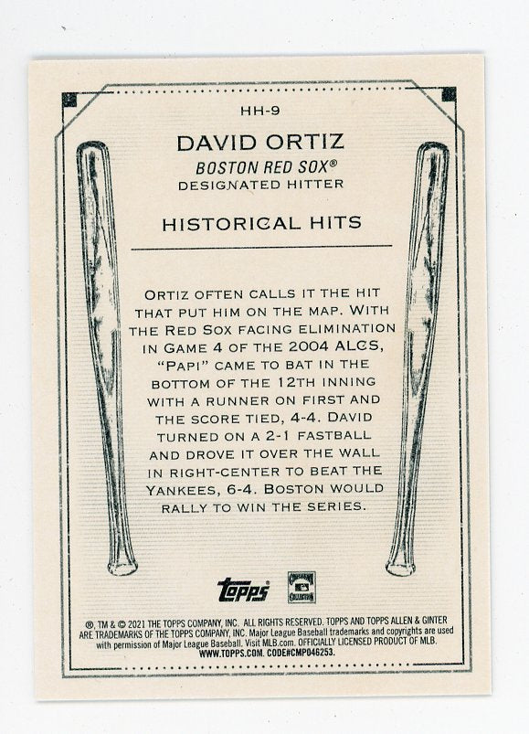 2021 David Ortiz Historical Hits Allen & Ginter Boston Red Sox # HH-9