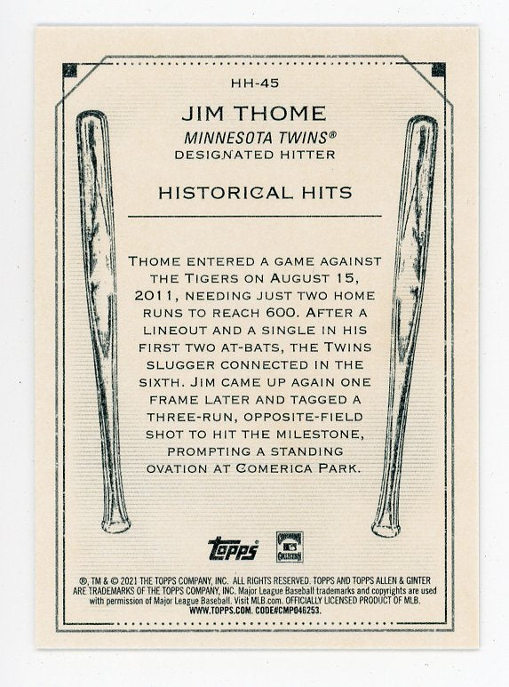 2021 Jim Thome Historical Hits Allen & Ginter Minnesota Twins # HH-45