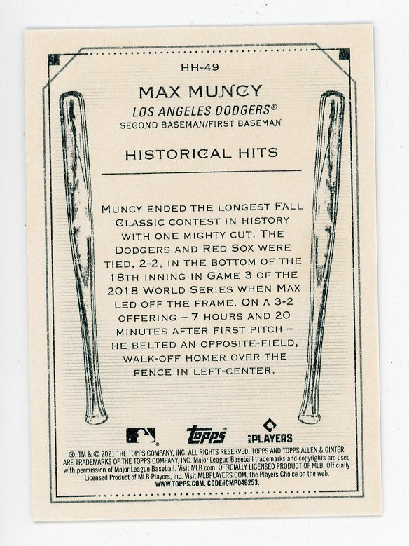 2021 Max Muncy Historical Hits Allen & Ginter Los Angeles Dodgers # HH-49