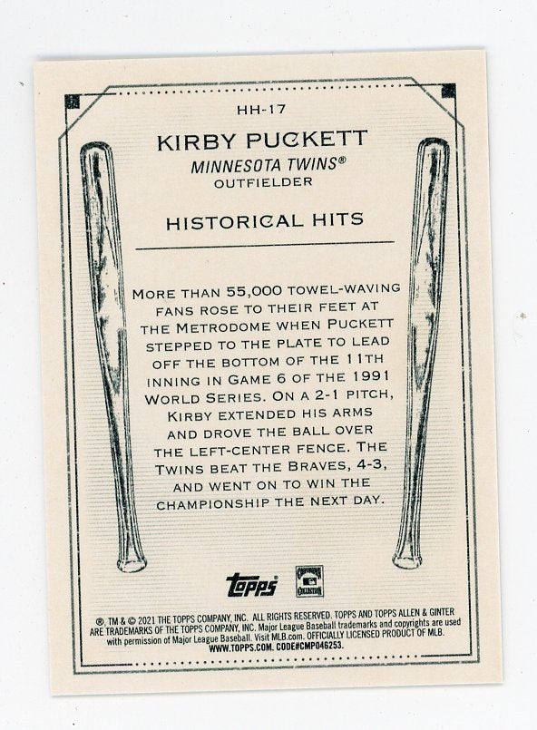 2021 Kirby Puckett Historical Hits Allen & Ginter Minnesota Twins # HH-17