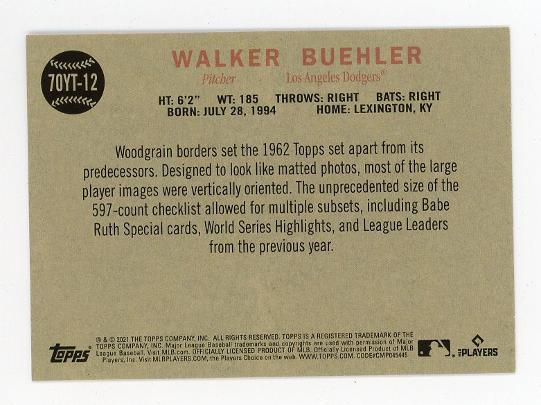 2021 Walker Buehler Topps 70 Los Angeles Dodgers # 70YT-12